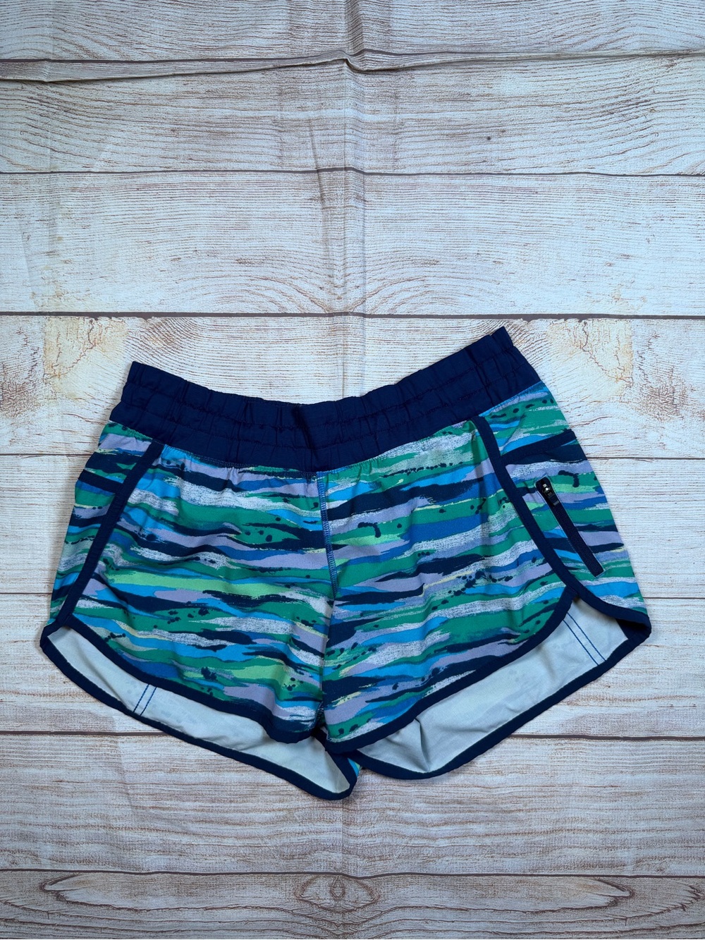 lululemon Tracker Navy, Blue &‎ Green Striped Running Shorts